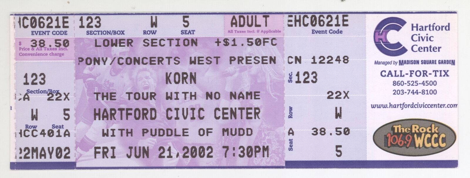 Rare Korn Puddle Of Mudd Deadsy 6/21/02 Hartford Ct Civic Center Full Ticket!